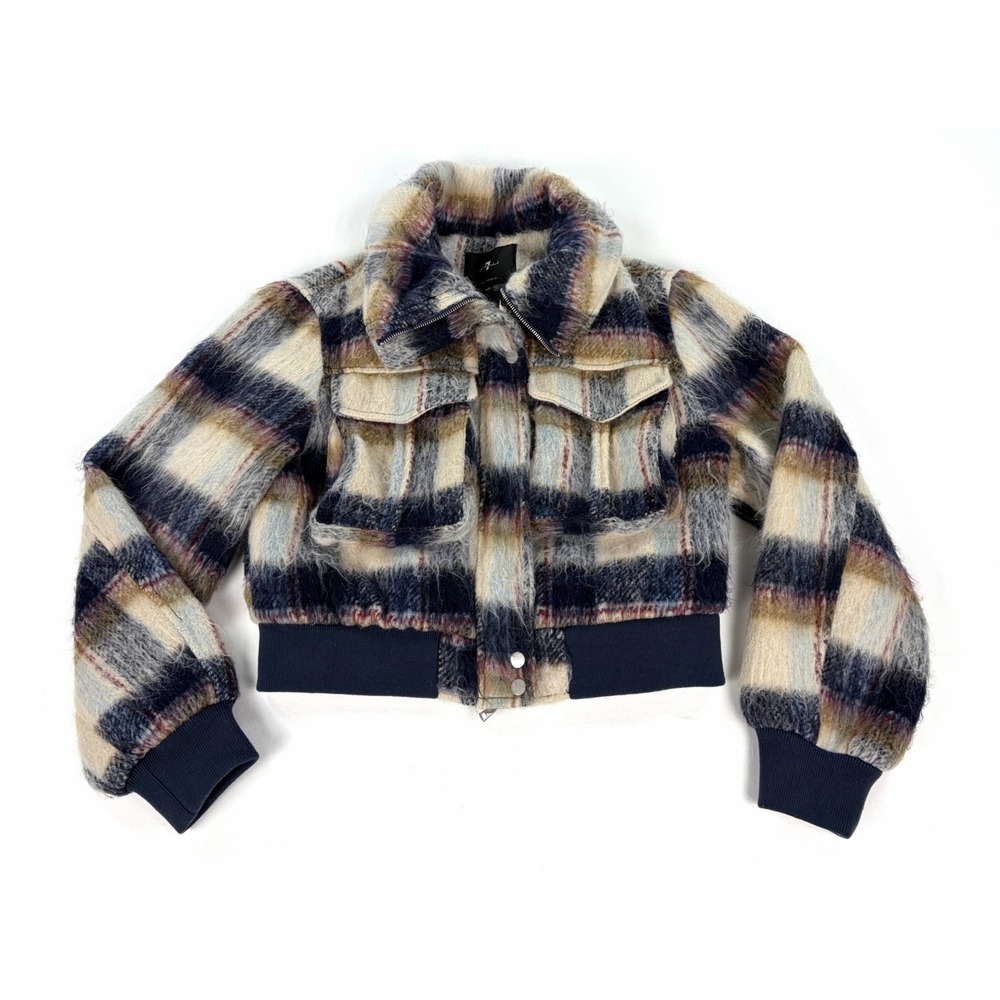 7 For All Mankind Plaid Faux Shearling Cropped Bomber Jacket Women's Large New